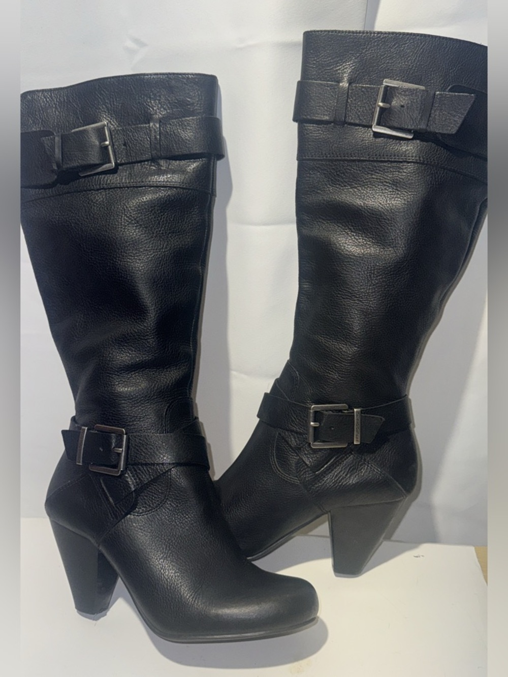 ARTURO CHIANG Sz 7 WOMENS CLASSIC BLACK MID-CALF BUCKLE HEELED BOOTS